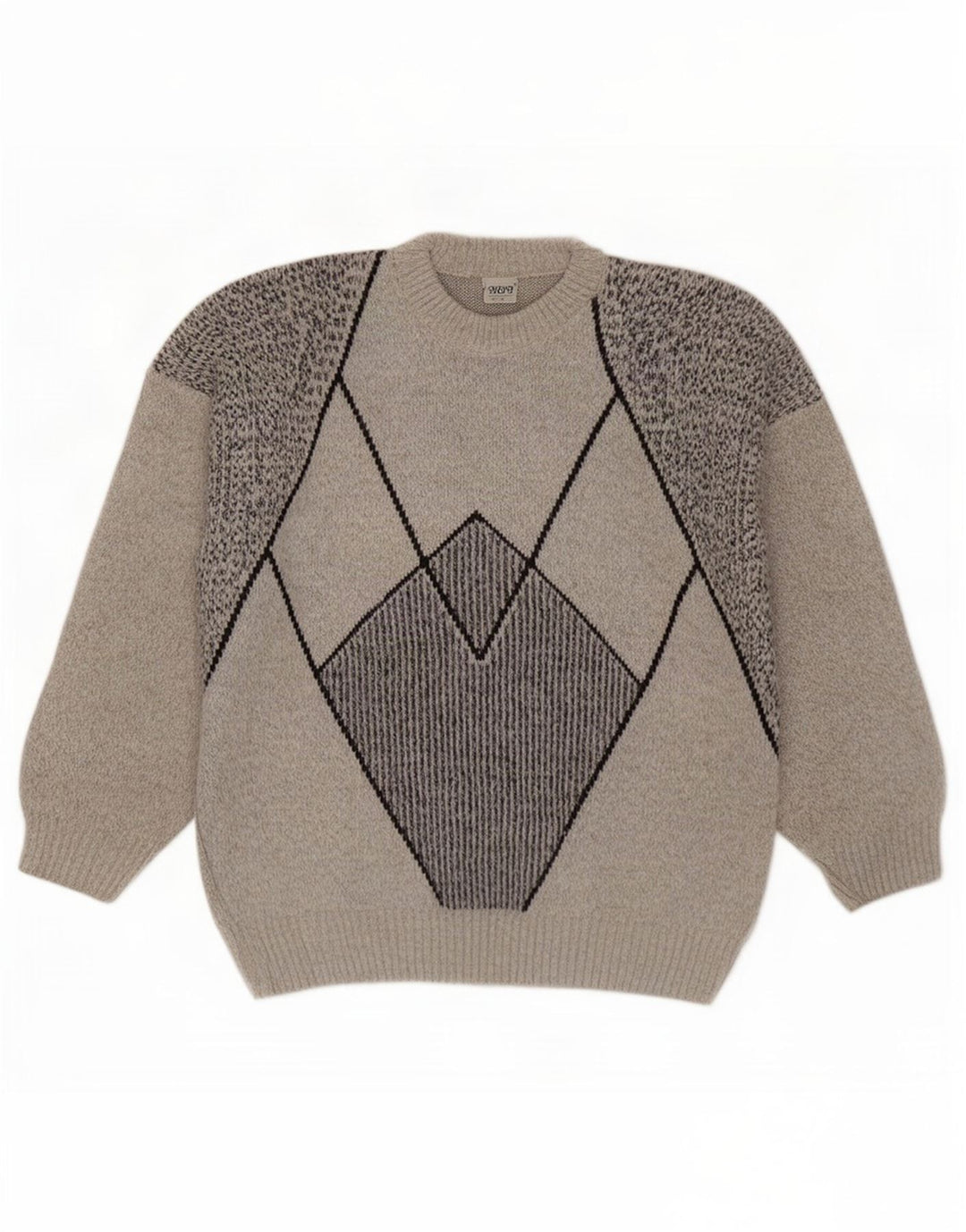 Vintage męski sweter z okrągłym dekoltem, duży, szary, geometryczny wełniany