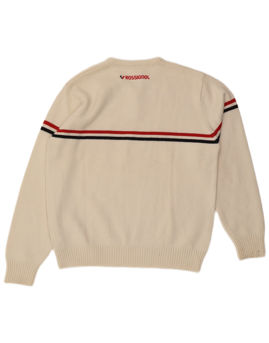 ROSSIGNOL Mens Graphic V-Neck Jumper Sweater Medium Off White Striped