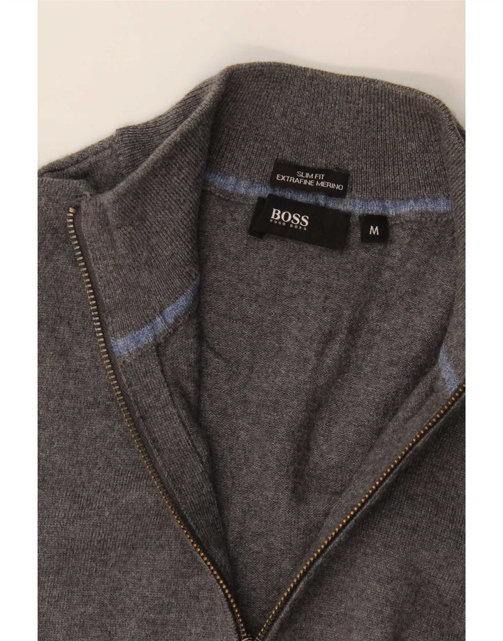 Męski sweter rozpinany Hugo Boss Slim Fit, średnioszary, wełniany merynos