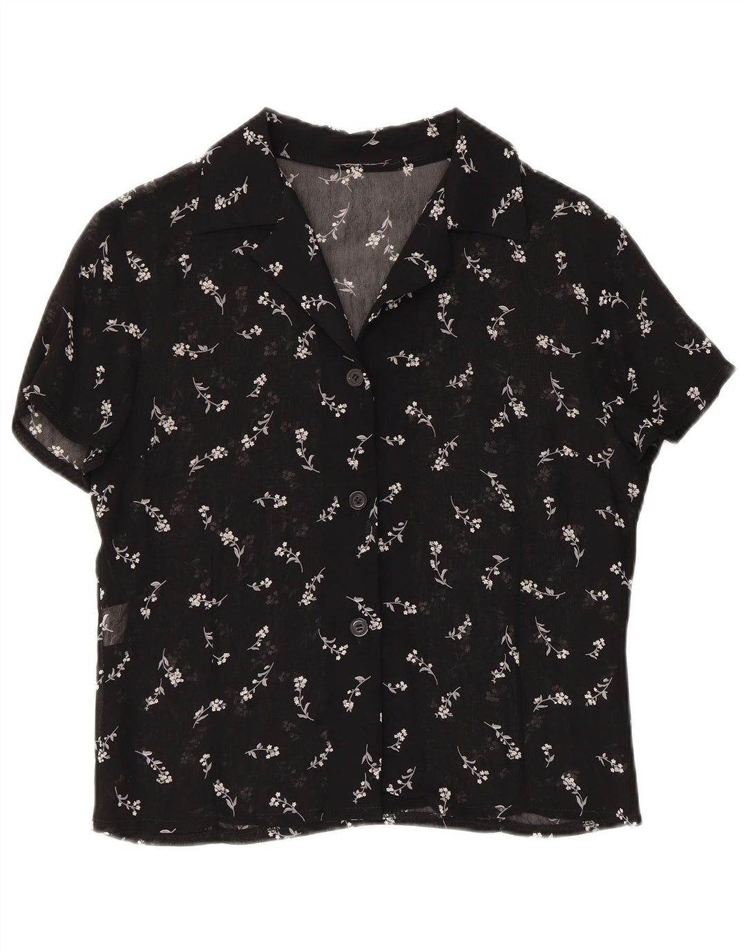 Vintage damska prześwitująca bluzka koszulowa UK 12, średnia czarna w kwiaty