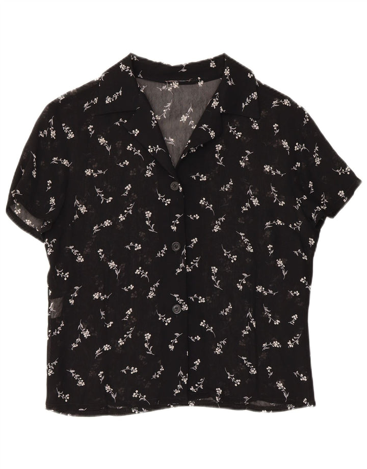 Vintage damska prześwitująca bluzka koszulowa UK 12, średnia czarna w kwiaty