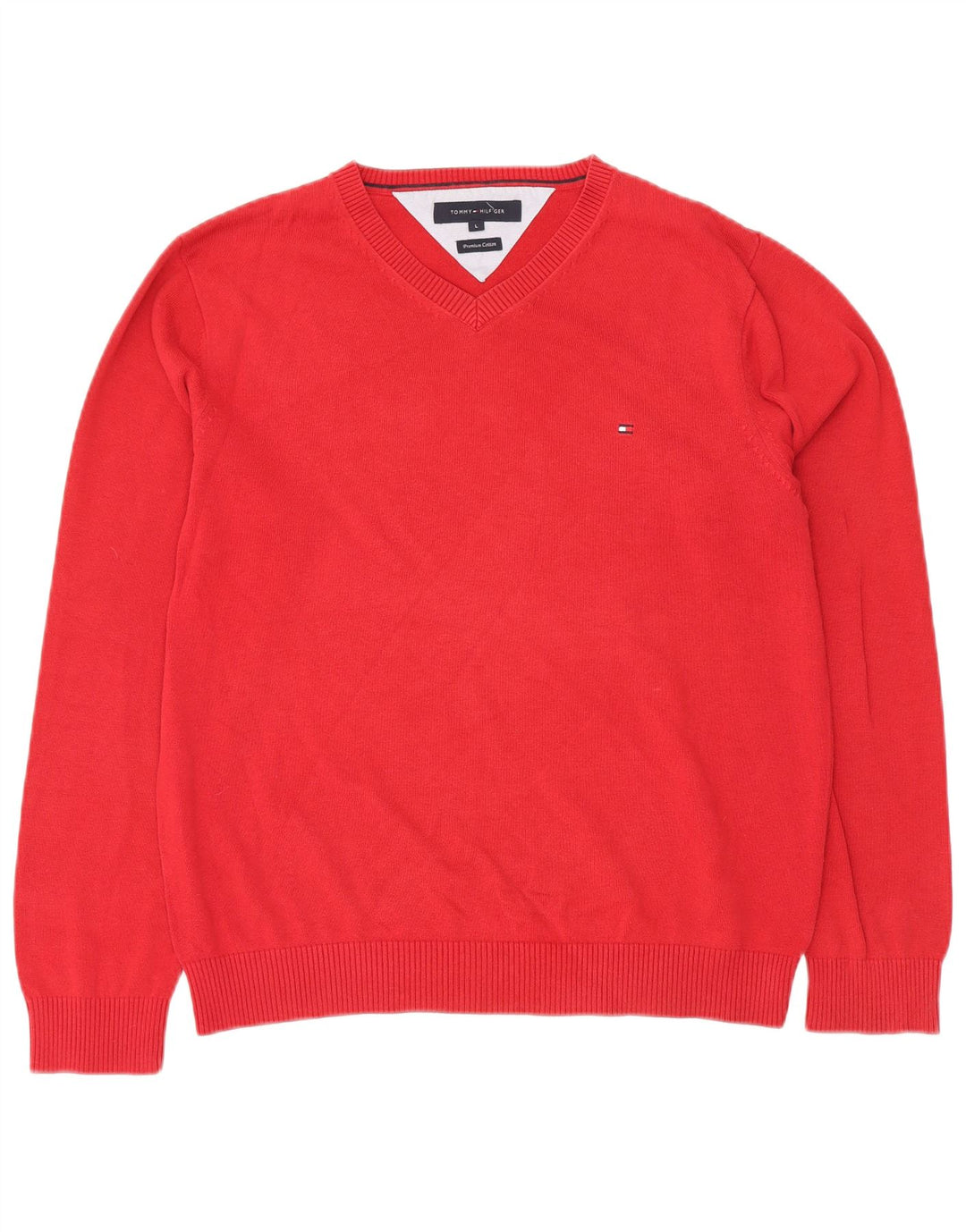 Męski sweter Tommy Hilfiger z dekoltem w kształcie litery V, duży, czerwony, bawełniany