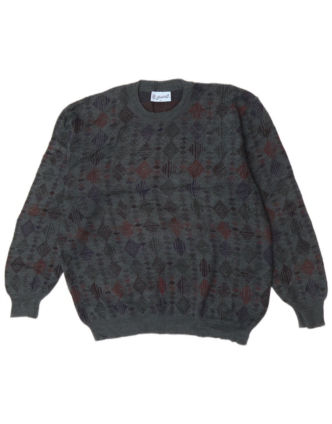 Vintage męski sweter z okrągłym dekoltem, średni niebieski, geometryczny, dziewicza wełna