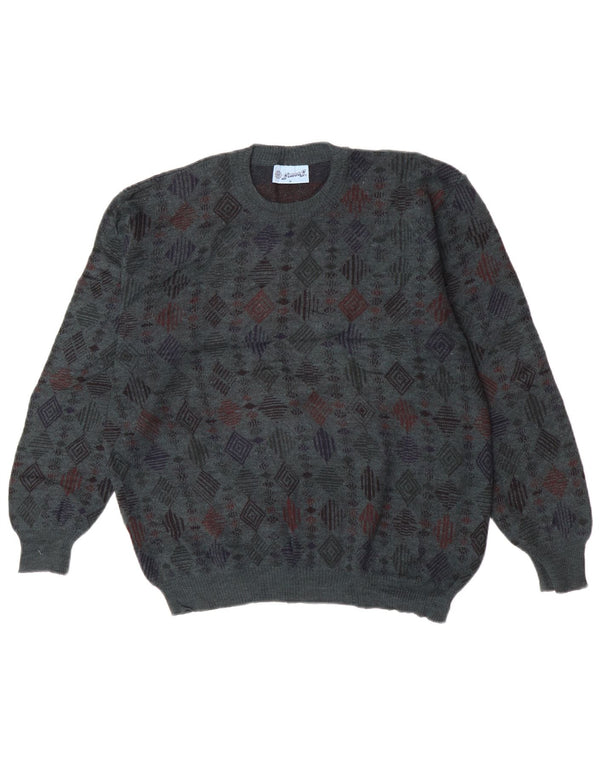 Vintage męski sweter z okrągłym dekoltem, średni niebieski, geometryczny, dziewicza wełna