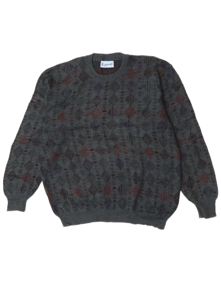 Vintage męski sweter z okrągłym dekoltem, średni niebieski, geometryczny, dziewicza wełna