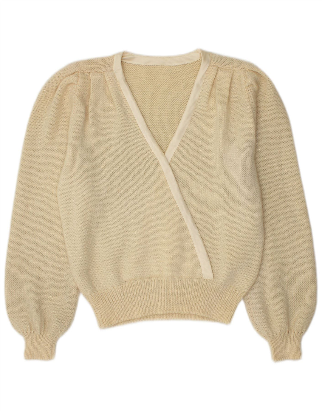 Sweter damski w stylu vintage z dekoltem w kształcie litery V, UK 14, średni beż