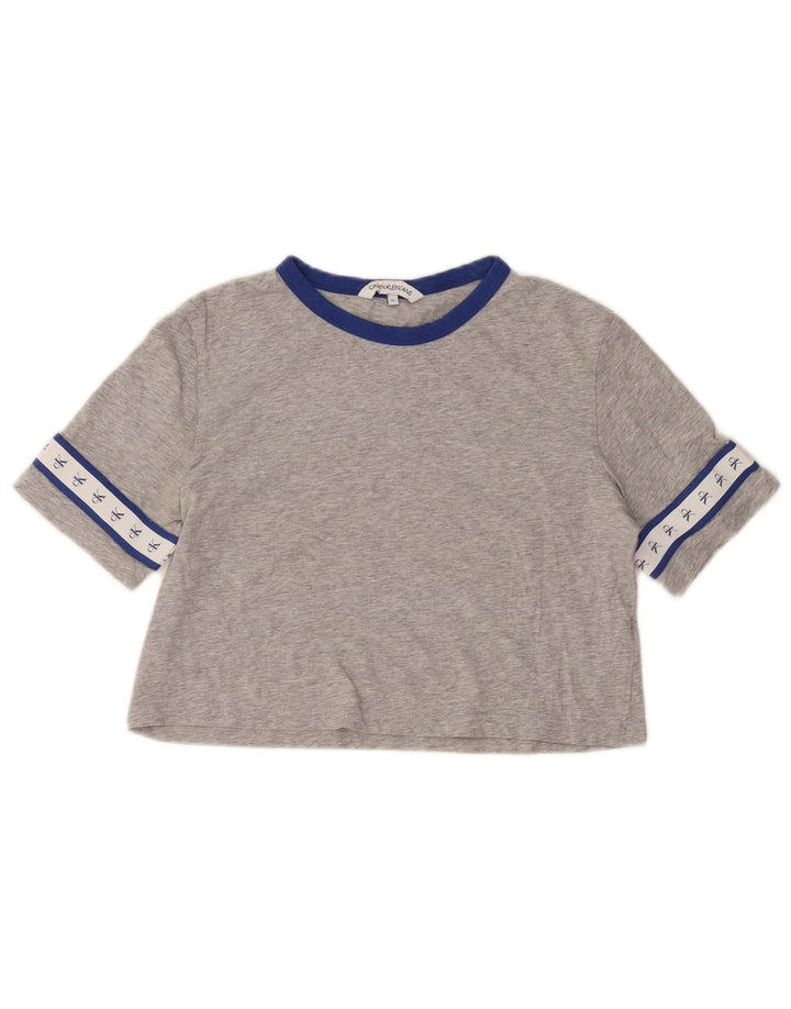 CALVIN KLEIN Damski t-shirt z grafiką Crop Top UK 6 XS, szary, bawełniany