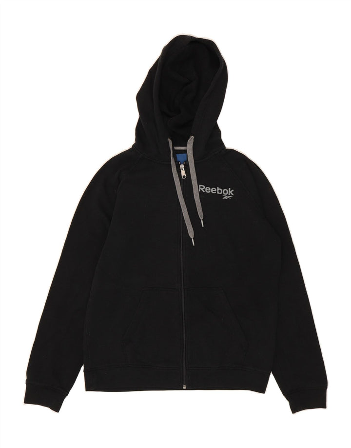 REEBOK Mens Graphic Zip Hoodie Sweater Small Black Polyester Vintage Reebok and Second-Hand Reebok from Messina Hembry 