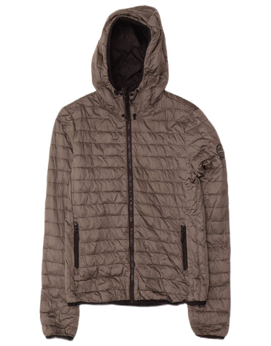 Damska ocieplana kurtka SUPERDRY z kapturem UK 10, mała, szara nylonowa
