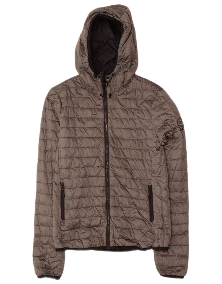 Damska ocieplana kurtka SUPERDRY z kapturem UK 10, mała, szara nylonowa