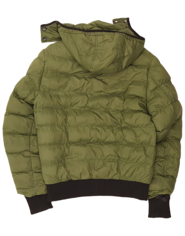 Damska wyściełana kurtka z kapturem w stylu vintage UK 16, duży zielony nylon w blokach kolorów