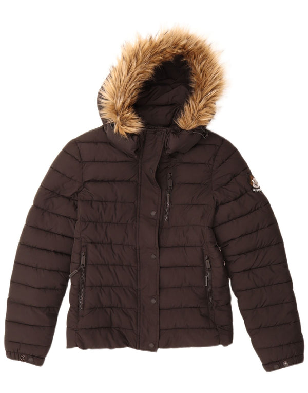 Damska wyściełana kurtka z kapturem Superdry UK 10, mała, czarna nylonowa