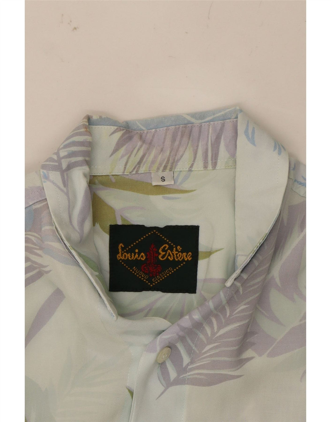 LOUIS ESTERE Mens Abstract Pattern Short Sleeve Shirt Small Blue Viscose Vintage Louis Estere and Second-Hand Louis Estere from Messina Hembry 