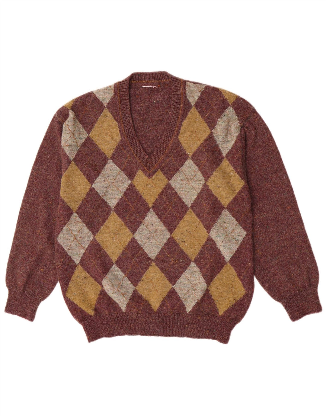 Męski sweter w stylu vintage z dekoltem w szpic, średni burgund, Argyle/Diament