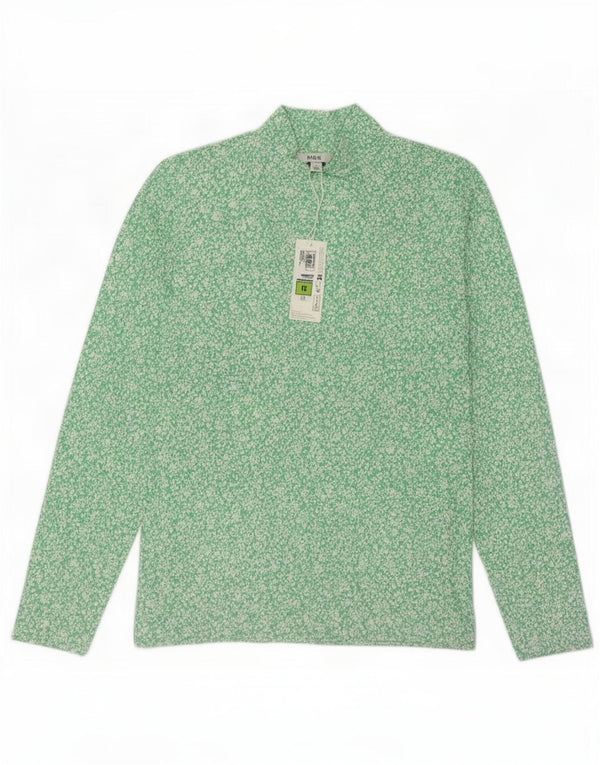 Marks & Spencer Damski top z długim rękawem UK 12, średni zielony, bawełniany w kwiaty