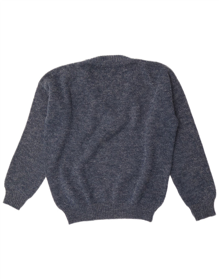Vintage męski sweter z dekoltem w kształcie litery V, średni granatowy geometryczny