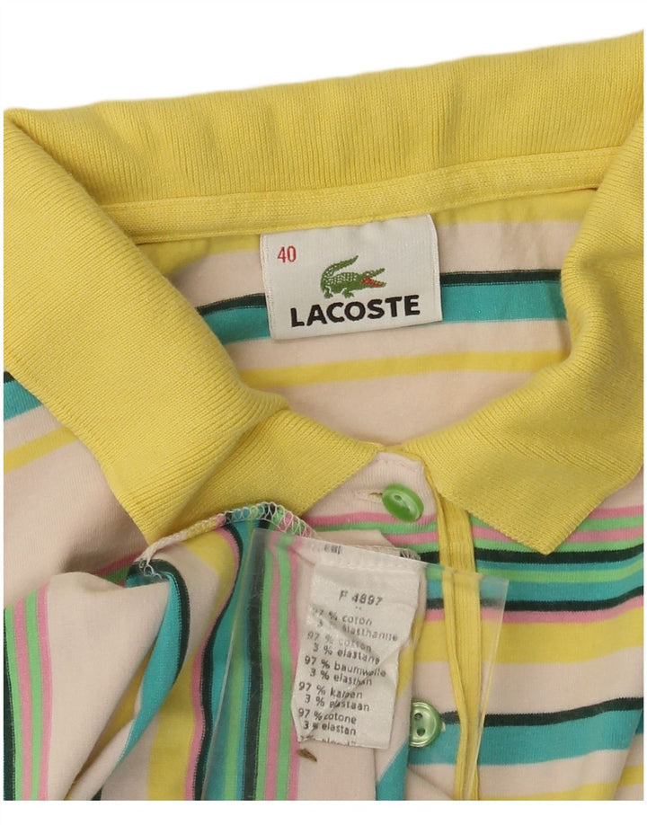 Damska koszulka polo LACOSTE, rozmiar 40, średnia, bawełniana w złamane białe paski