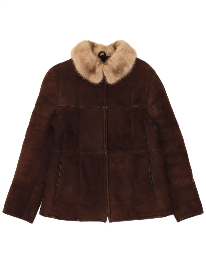 Vintage damska kurtka shearling UK 14 średni brąz