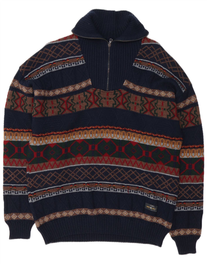 Męski sweter z zamkiem błyskawicznym White Sails, duży granatowy, wełna Fair Isle