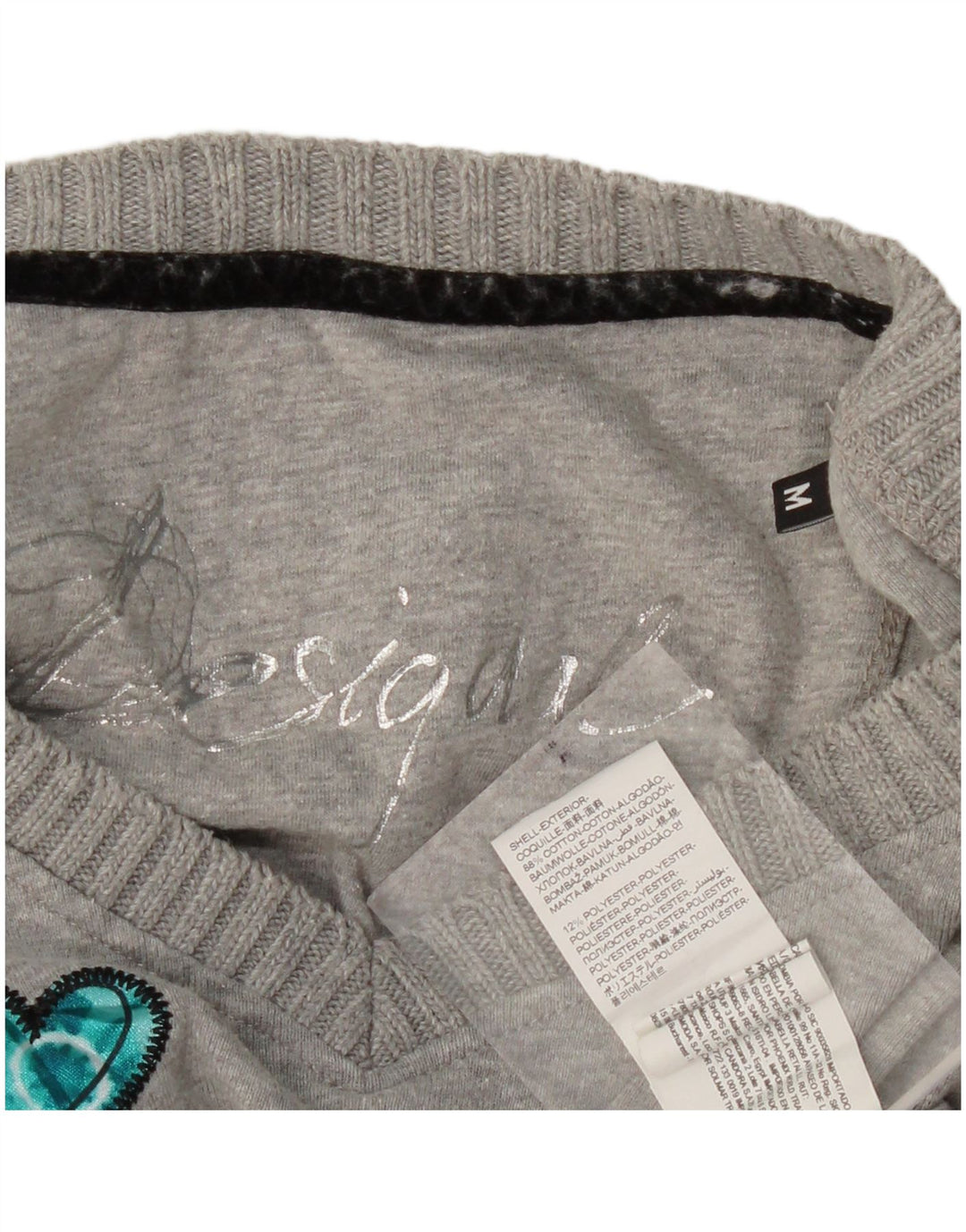 Damski graficzny top DESIGUAL z długim rękawem UK 12, średnioszary, w kształcie serca Paisley