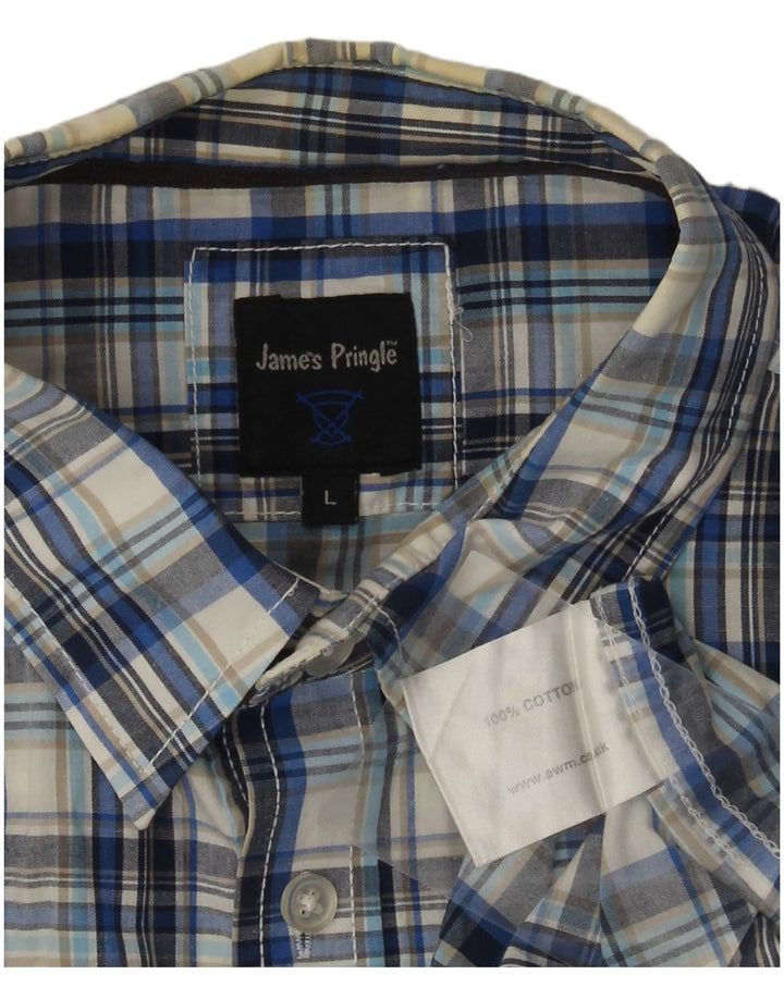JAMES PRINGLE Męska koszula z krótkim rękawem, duża, niebieska, bawełniana krata