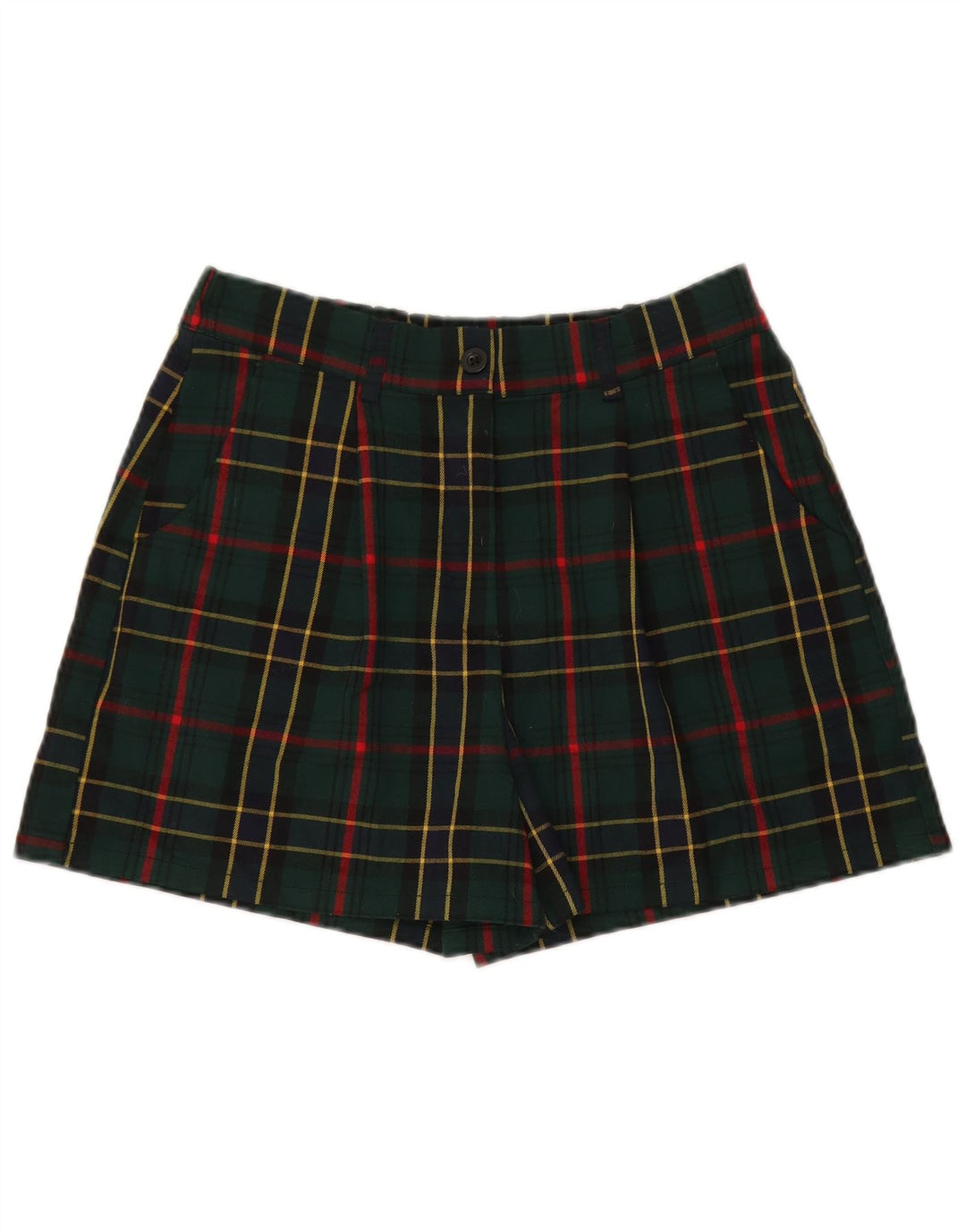 Ładne i eleganckie damskie spodenki chino, duże W32, poliester w zieloną kratkę