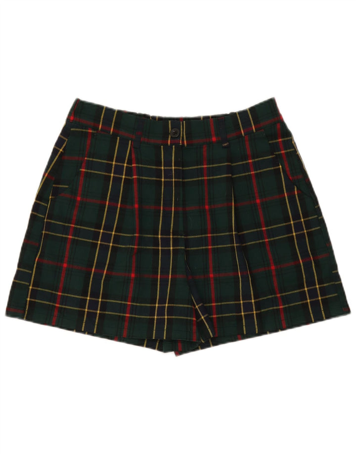 Ładne i eleganckie damskie spodenki chino, duże W32, poliester w zieloną kratkę