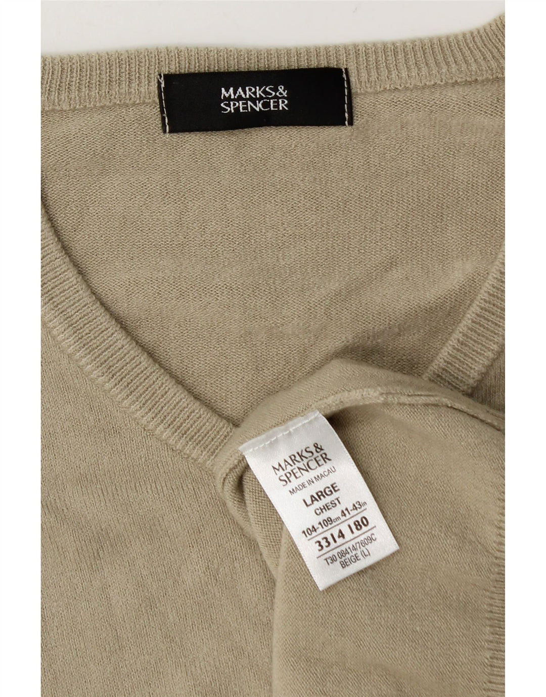 Marks & Spencer Męski sweter z dekoltem w kształcie litery V, duży, beżowy, akrylowy