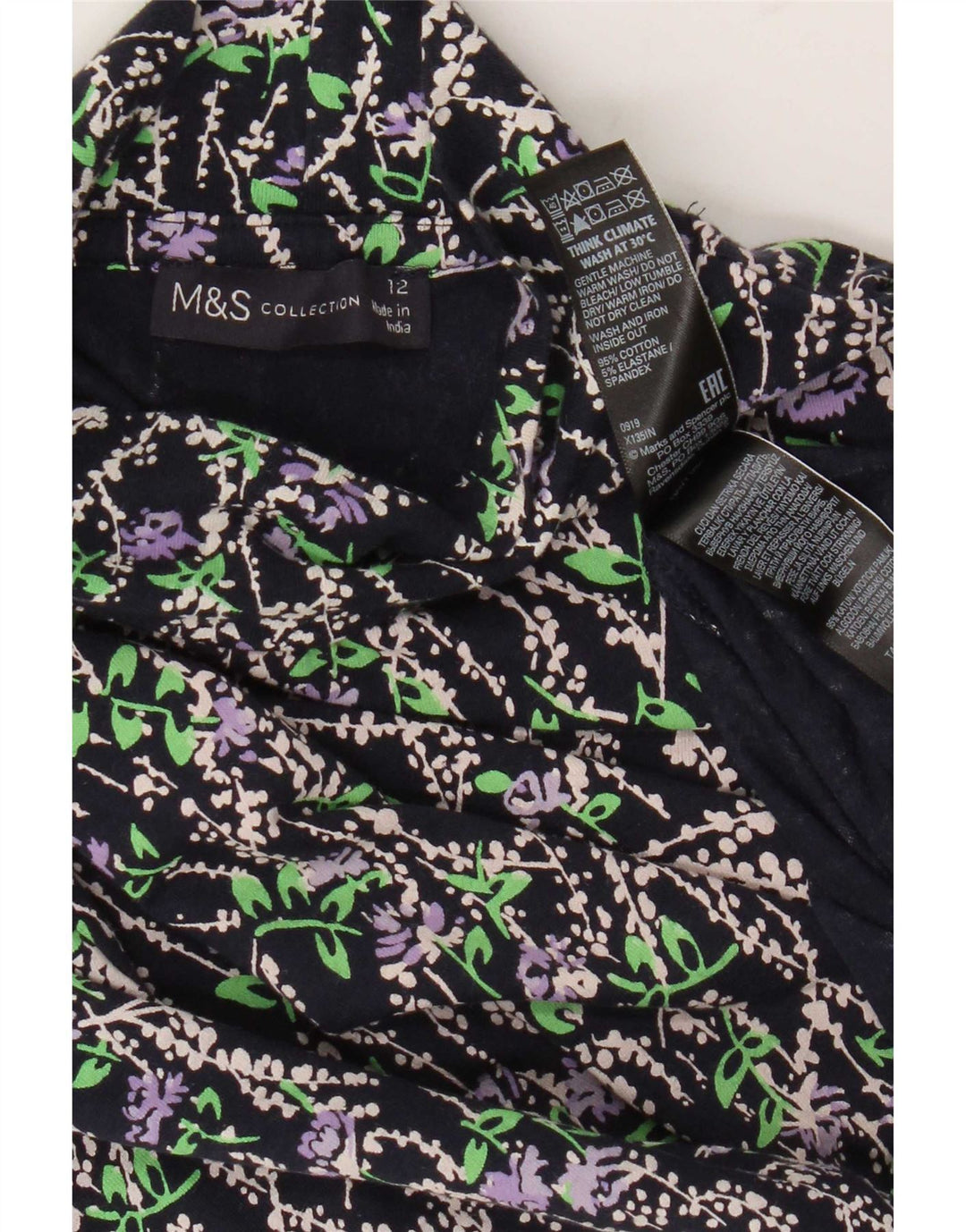 Marks & Spencer Damski top z długim rękawem UK 12, średni granatowy, bawełniany w kwiaty