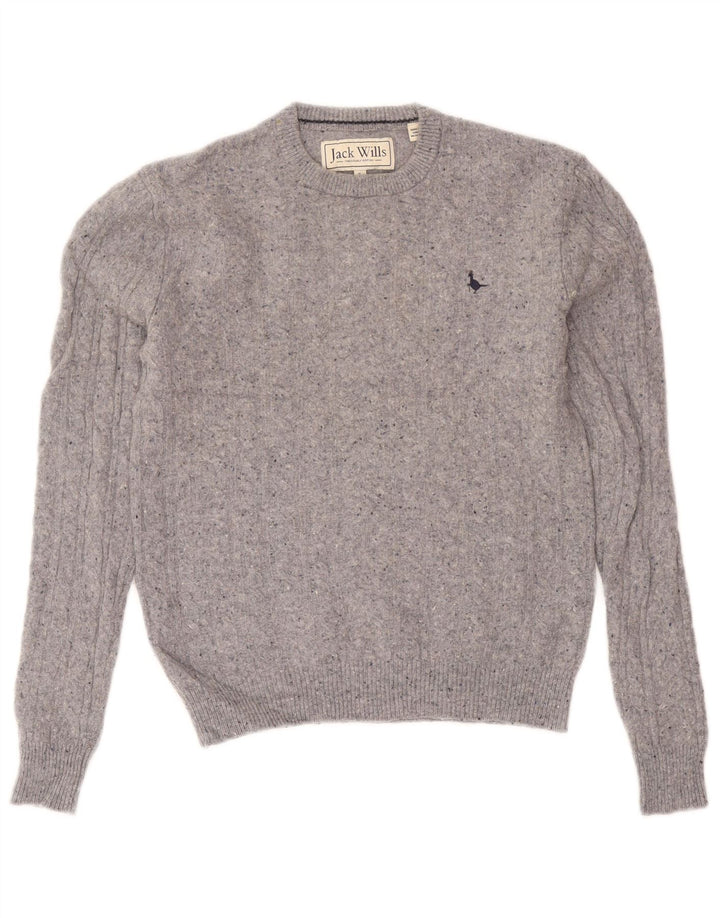 Jack Wills Męski sweter z okrągłym dekoltem, mały, szary, wełniany plamki