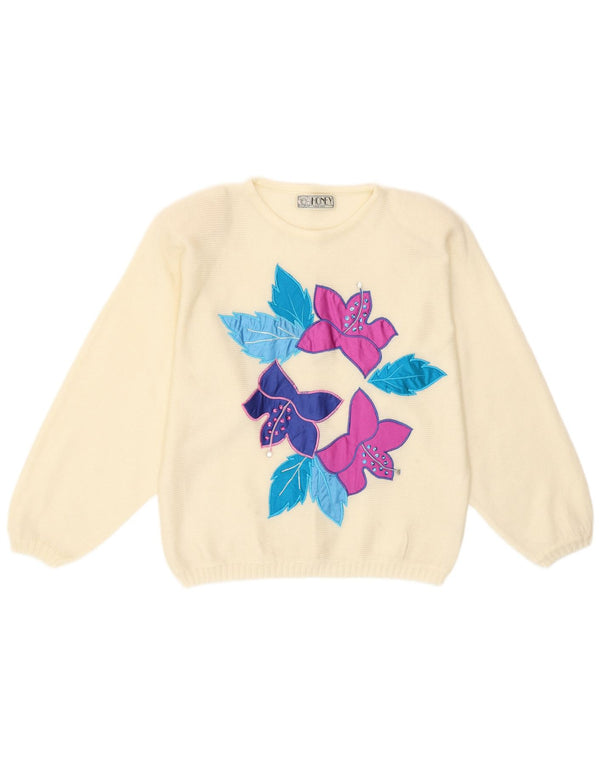 Sweter damski w stylu vintage z wycięciem pod szyją, jeden rozmiar w kolorze złamanej bieli, z kwiatowym akrylem