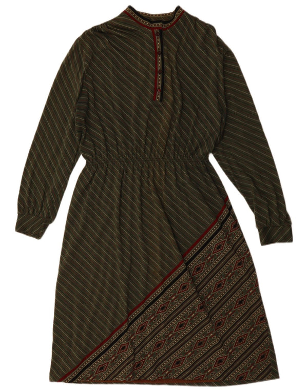 Vintage damska sukienka o linii A z długim rękawem UK 18 XL Khaki, wełna w paski