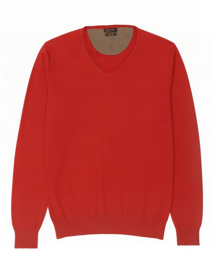 Męski sweter Massimo Dutti z dekoltem w kształcie litery V, średnio czerwony, bawełniany