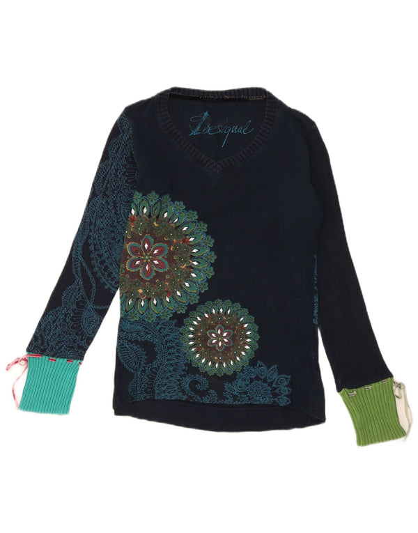 Damski sweter Desigual z dekoltem w kształcie litery V, UK 12, średni granatowy, bawełniany w kwiaty
