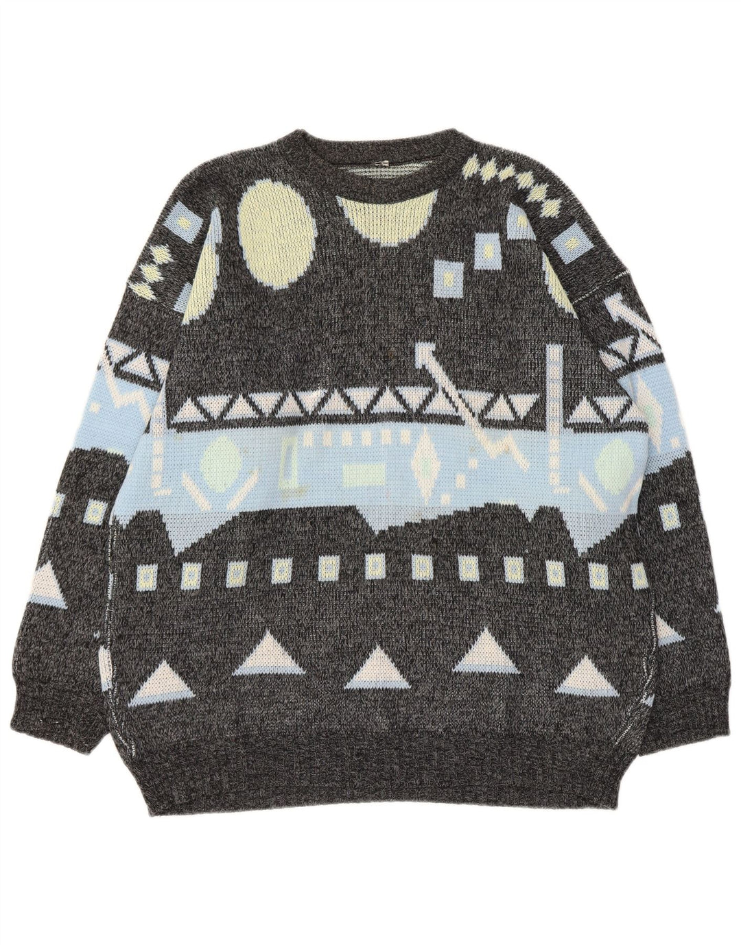 Vintage męski sweter z wycięciem pod szyją, duży, szary, geometryczny