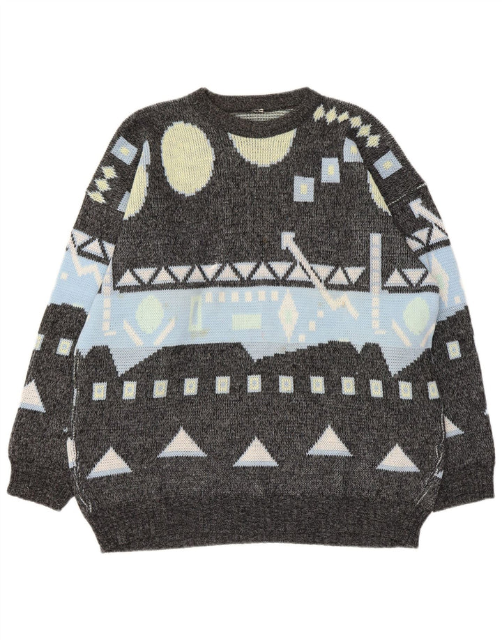 Vintage męski sweter z wycięciem pod szyją, duży, szary, geometryczny