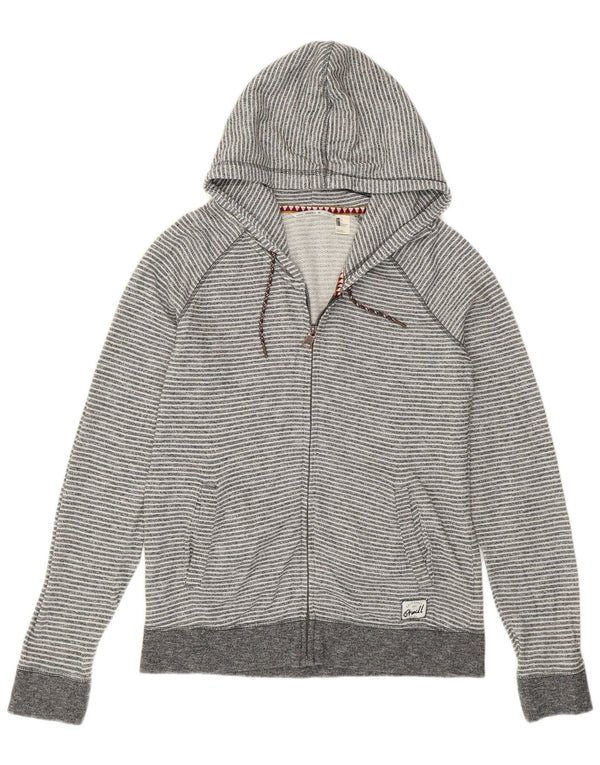 O'Neill Womens Zip Hoodie Sweater UK 14 Large Grey Striped Cotton