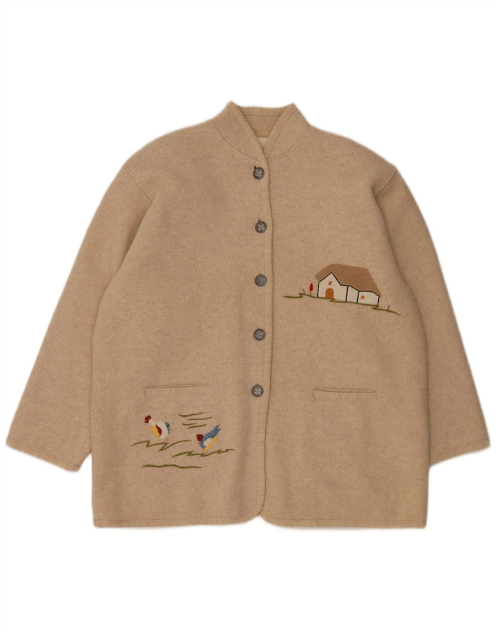 Damska marynarka VINTAGE z grafiką na 5 guzików, UK 14, duża, beżowa