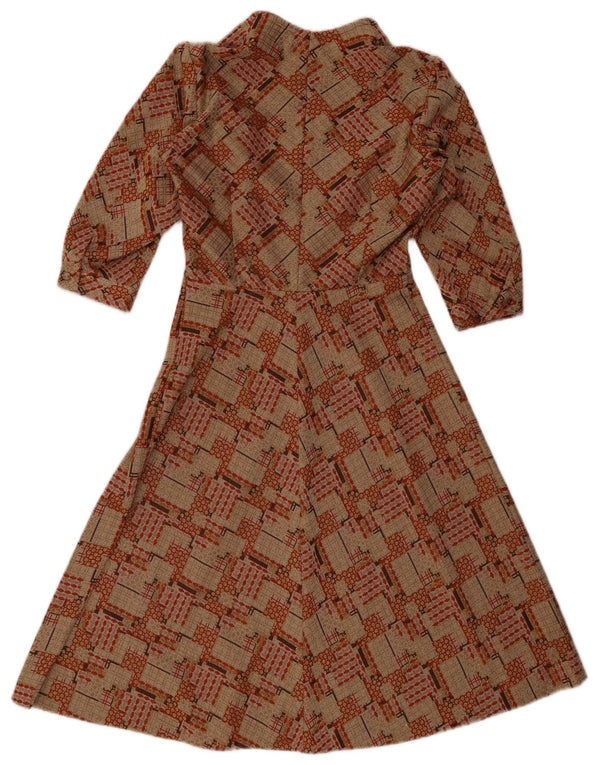 Vintage Womens 3/4 Sleeve A-Line Dress UK 10 Small Brown Geometric