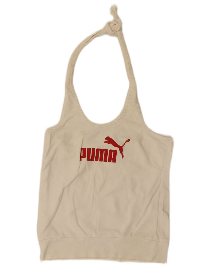 Damska koszulka Puma Graphic Crop Halter UK 16, duża w kolorze złamanej bieli