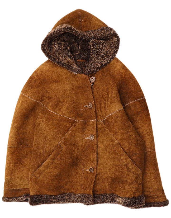 Vintage damska kurtka typu shearling z kapturem, oversize IT 44, średni brąz