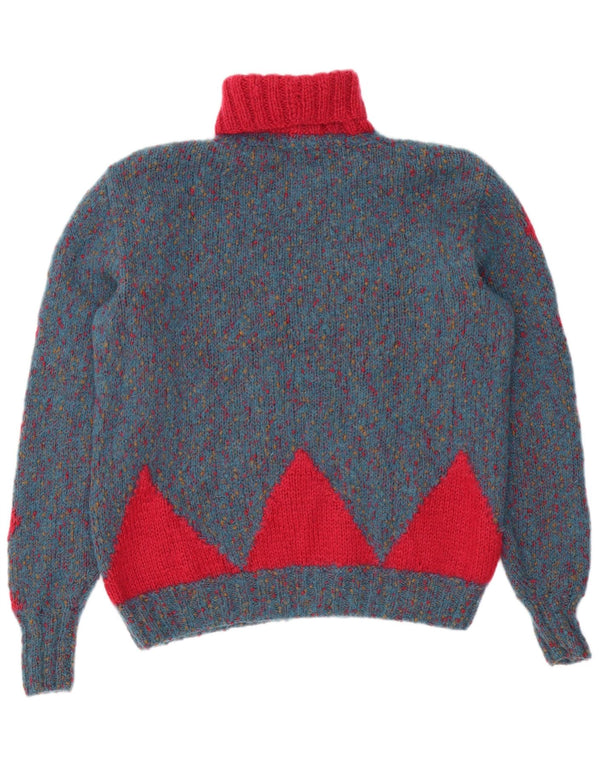 Vintage damski sweter z wywijanym dekoltem UK 14, duży niebieski geometryczny