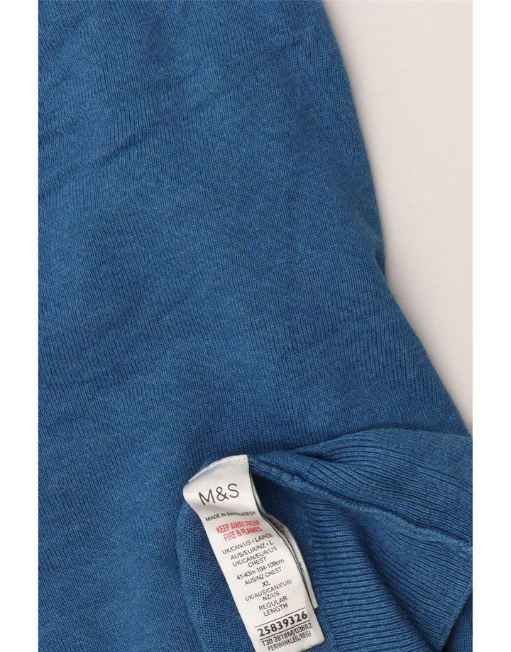 Marks & Spencer Męski sweter z dekoltem w kształcie litery V, duży, niebieski, bawełniany