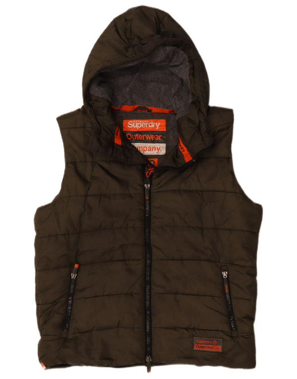Superdry Mens Hooded Padded Gilet UK 44 2XL Khaki Polyester
