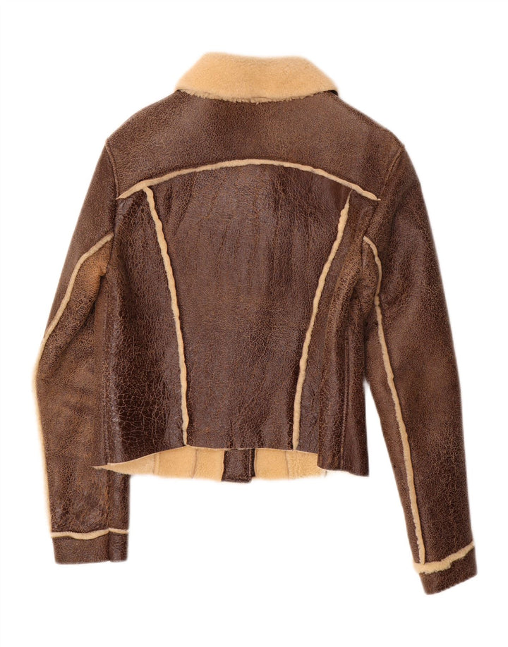 Vintage damska kurtka Shearling Crop UK 14, duża brązowa kurtka Shearling