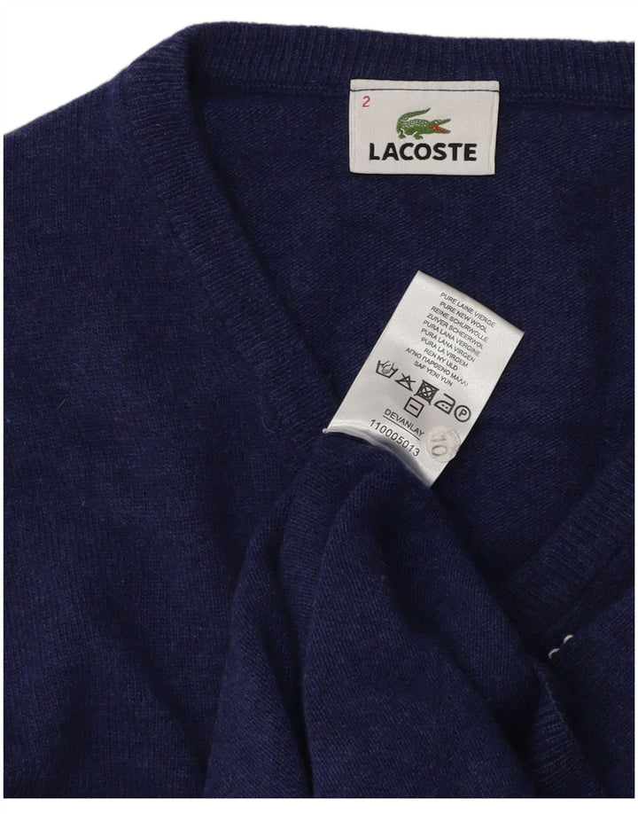 Męski sweter Lacoste z dekoltem w kształcie litery V, rozmiar 2 XS, niebieska dziewicza wełna