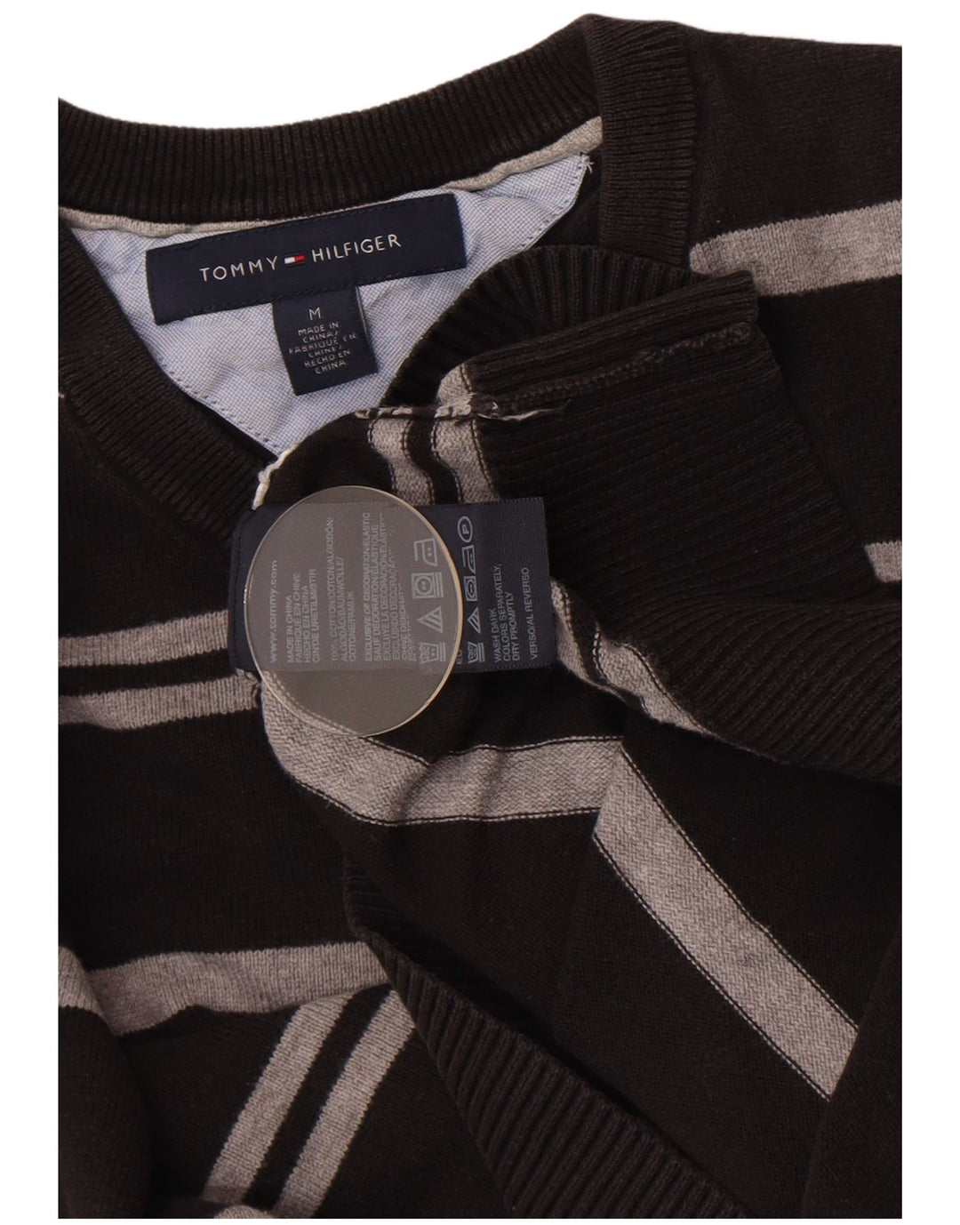 Męski sweter Tommy Hilfiger z dekoltem w kształcie litery V, bawełniany w średnie czarne paski