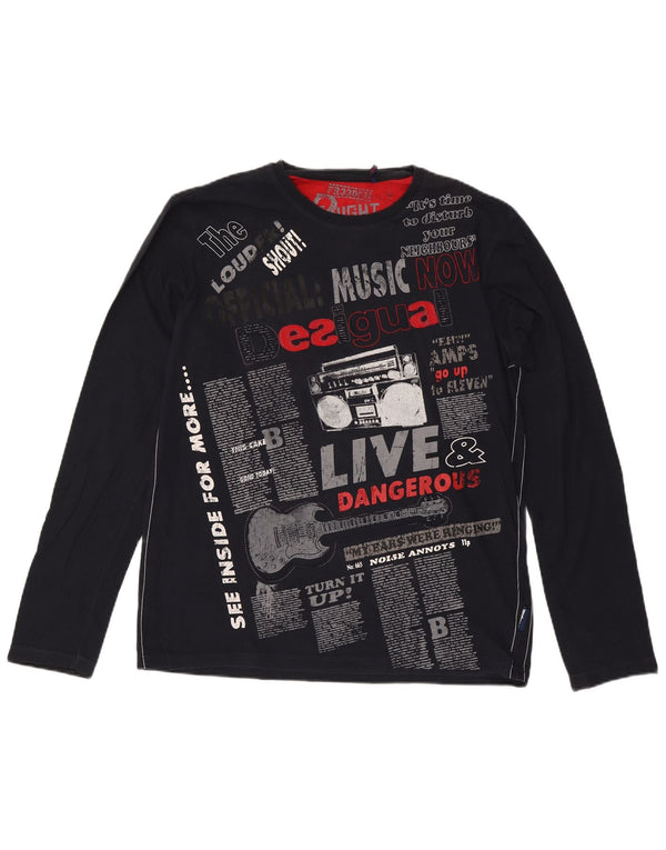 Męski top graficzny Desigual z długim rękawem XL, granatowy