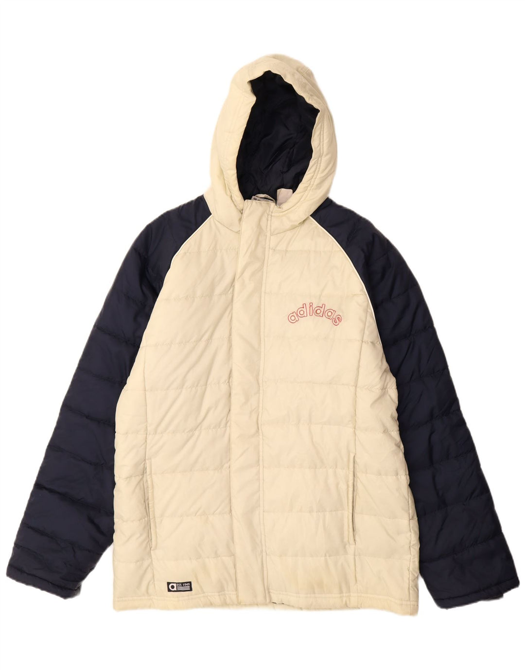 Chłopięca kurtka Adidas z kapturem i wyściełaną grafiką 15-16 lat, biała, z blokami kolorów