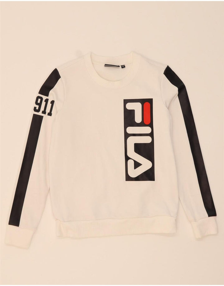 FILA Womens Graphic Sweatshirt Jumper UK 12 Medium White Colourblock Vintage Fila and Second-Hand Fila from Messina Hembry 
